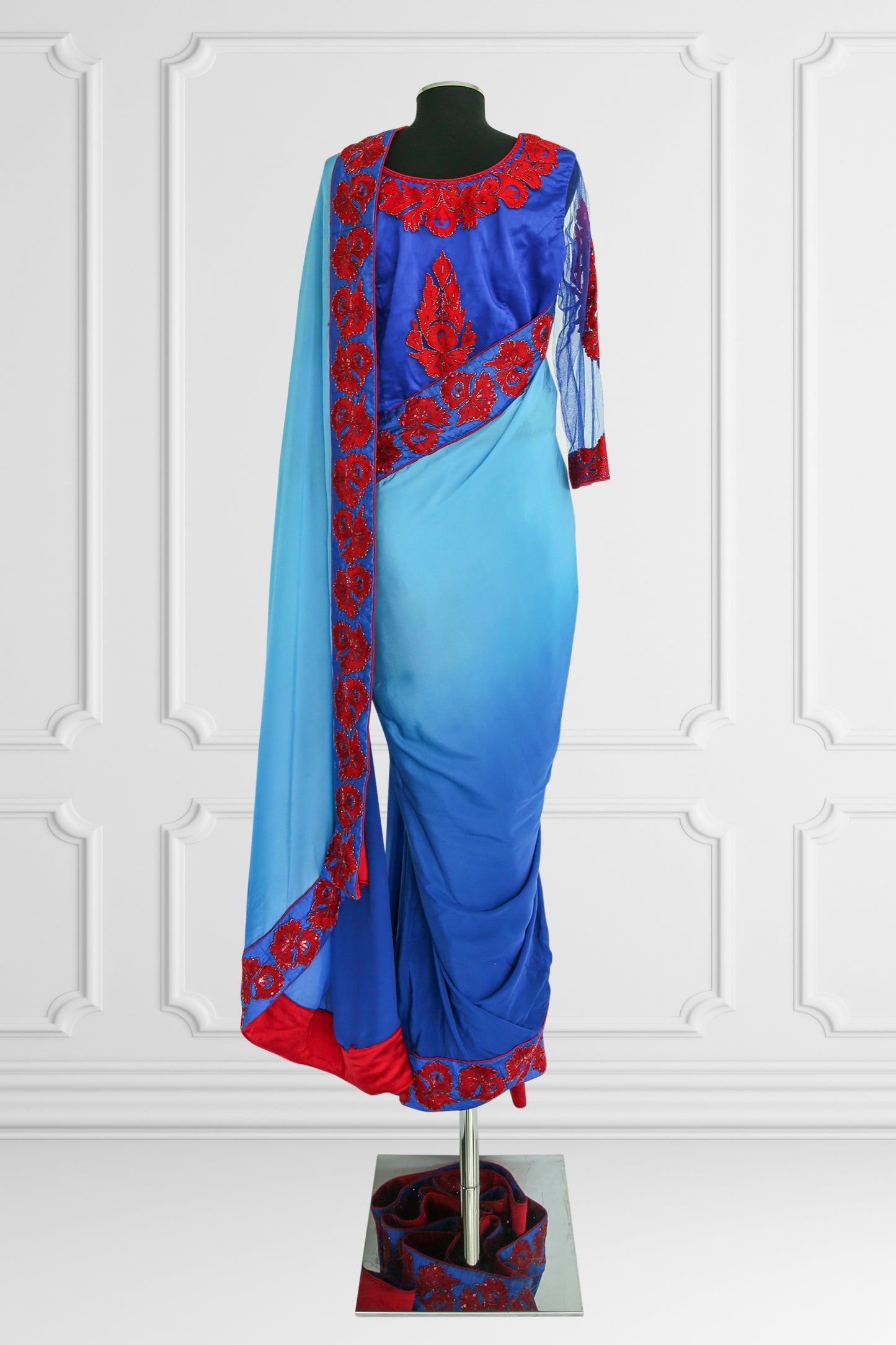 Silk Blue with Red Embroidered Flowers Saree Set