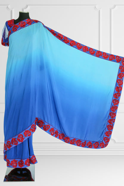 Silk Blue with Red Embroidered Flowers Saree Set