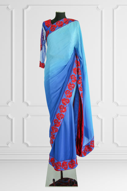 Silk Blue with Red Embroidered Flowers Saree Set