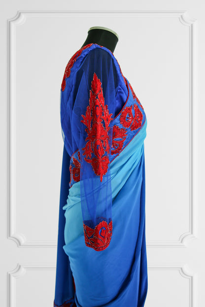 Silk Blue with Red Embroidered Flowers Saree Set