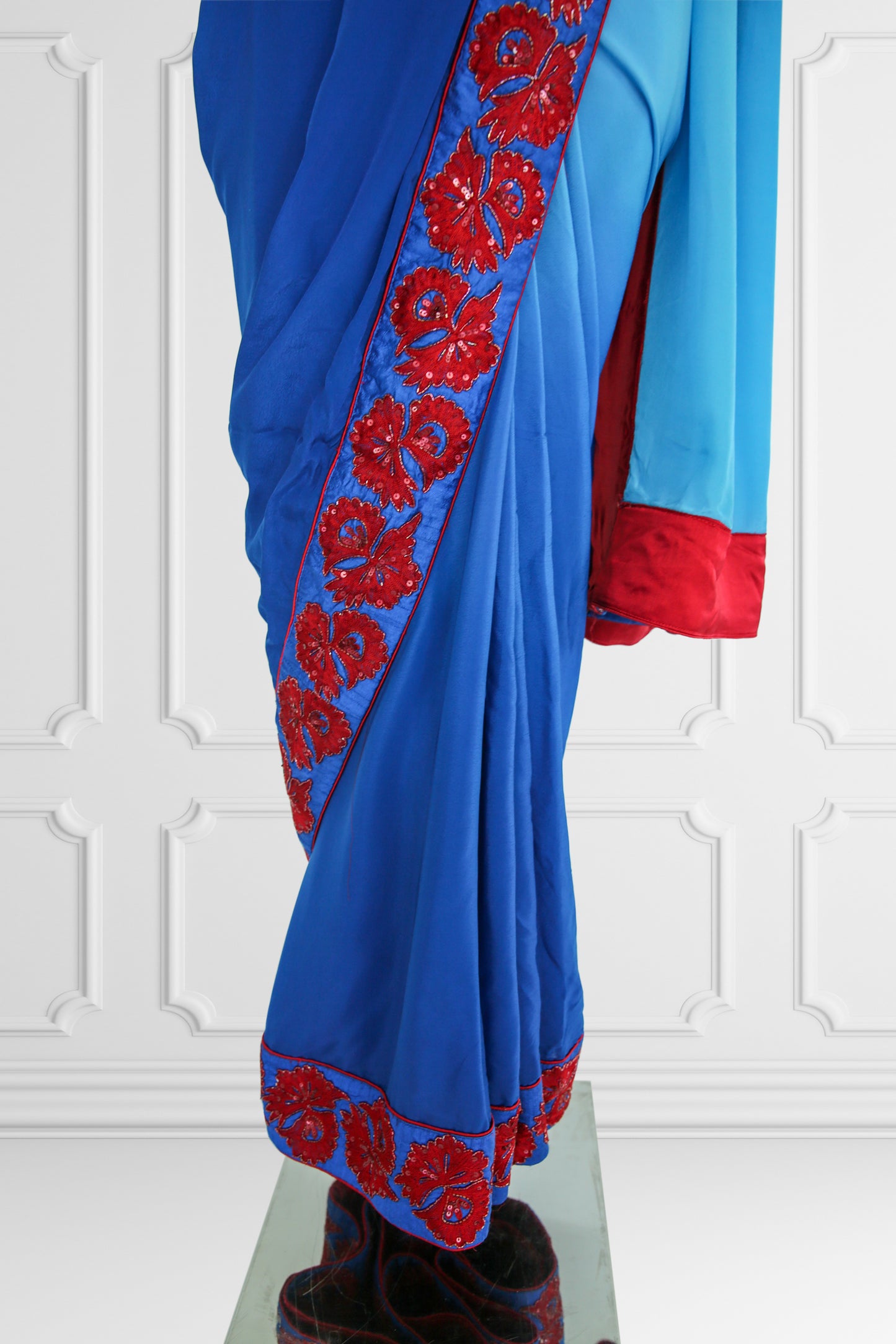 Silk Blue with Red Embroidered Flowers Saree Set