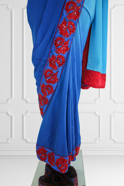 Silk Blue with Red Embroidered Flowers Saree Set