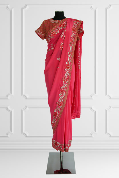 Silk Pink with Floral Border Saree Set