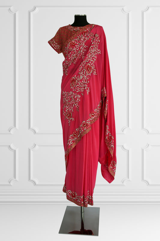 Silk Pink with Floral Border Saree Set