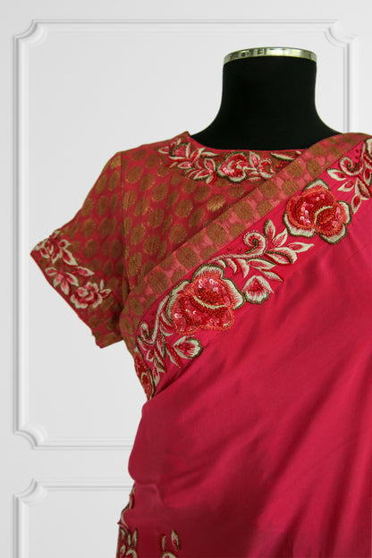 Silk Pink with Floral Border Saree Set