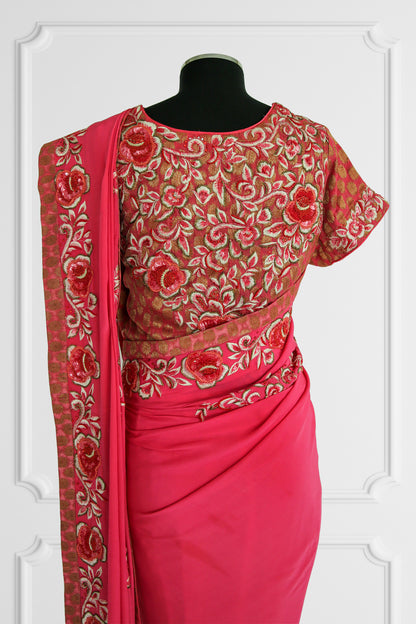 Silk Pink with Floral Border Saree Set