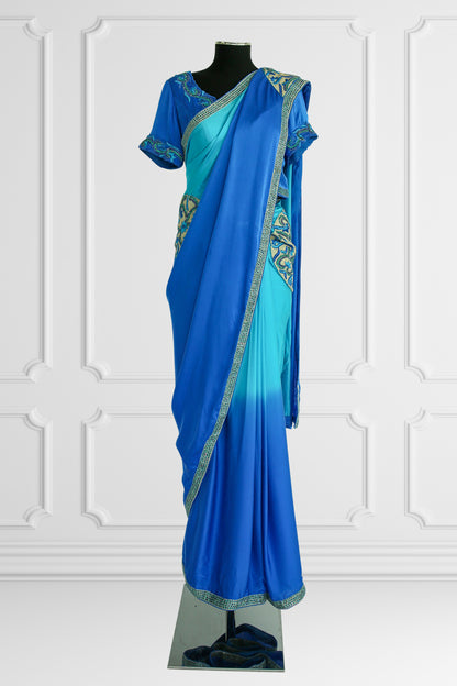 Silk Two Shades of Blue with Rich Embroidery Saree Set