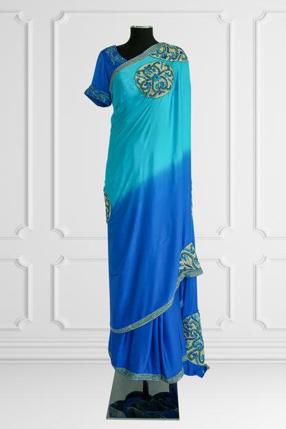 Silk Two Shades of Blue with Rich Embroidery Saree Set