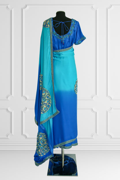 Silk Two Shades of Blue with Rich Embroidery Saree Set