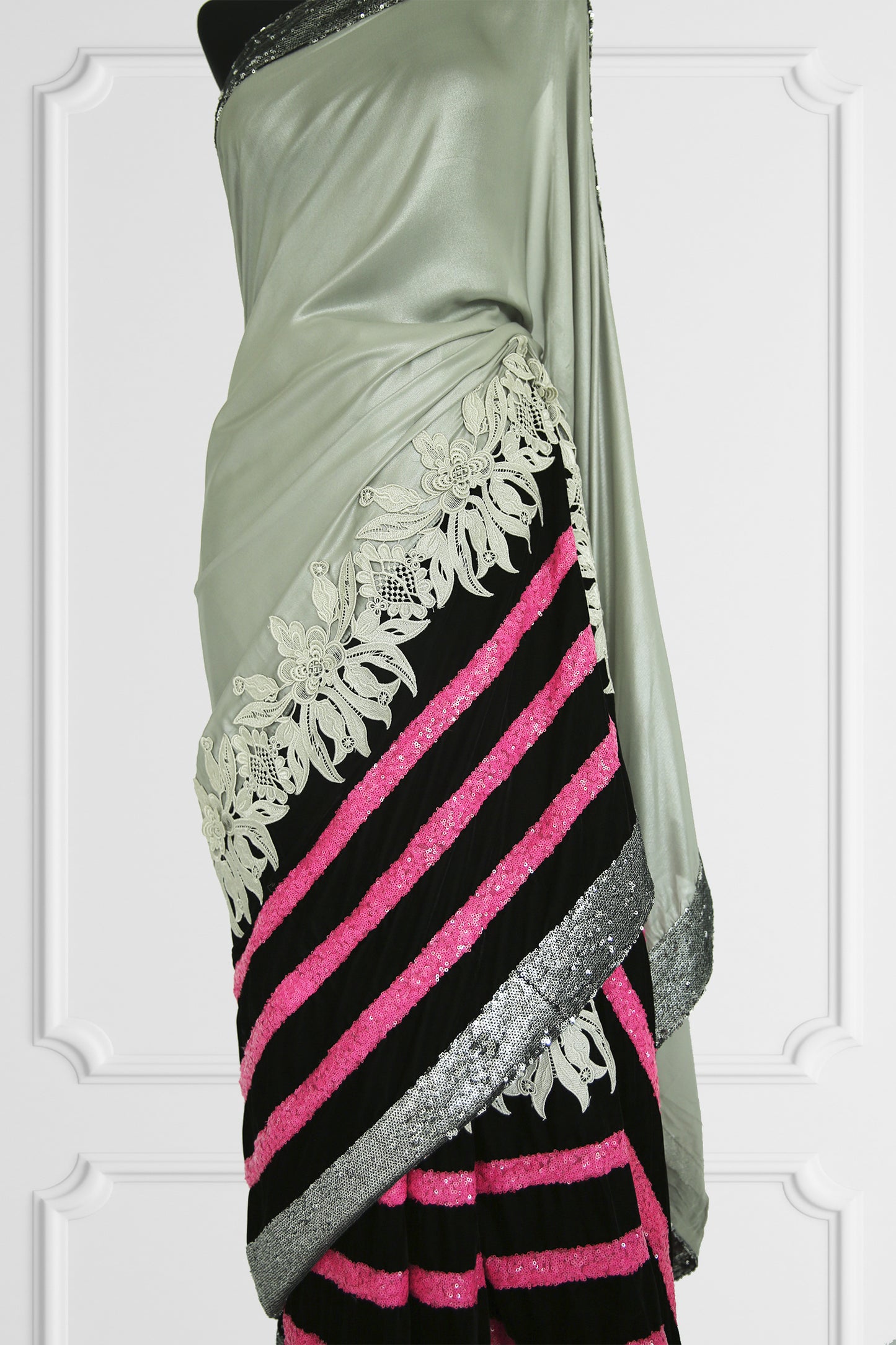 Silver with Pink Details Saree Set