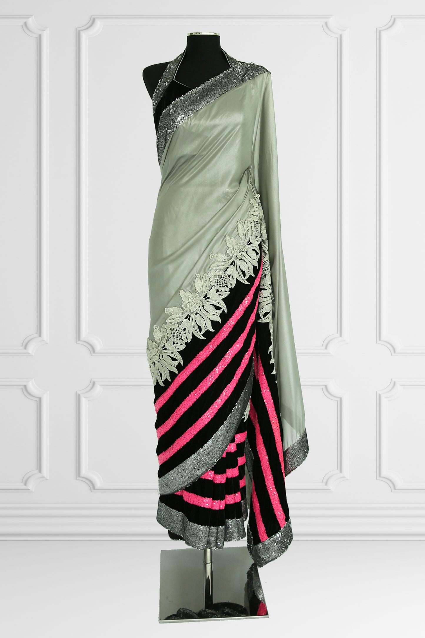 Silver with Pink Details Saree Set