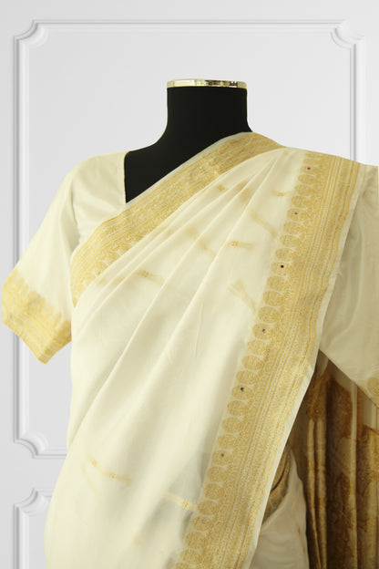 Traditional Kerela White Silk Saree Set