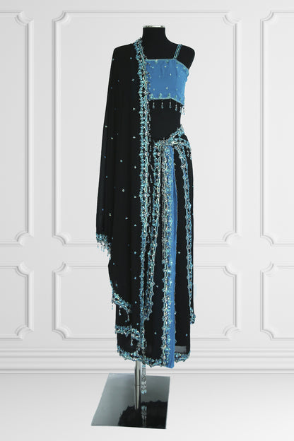 Two Blouse Bicolor Ready Made Black and Blue Saree