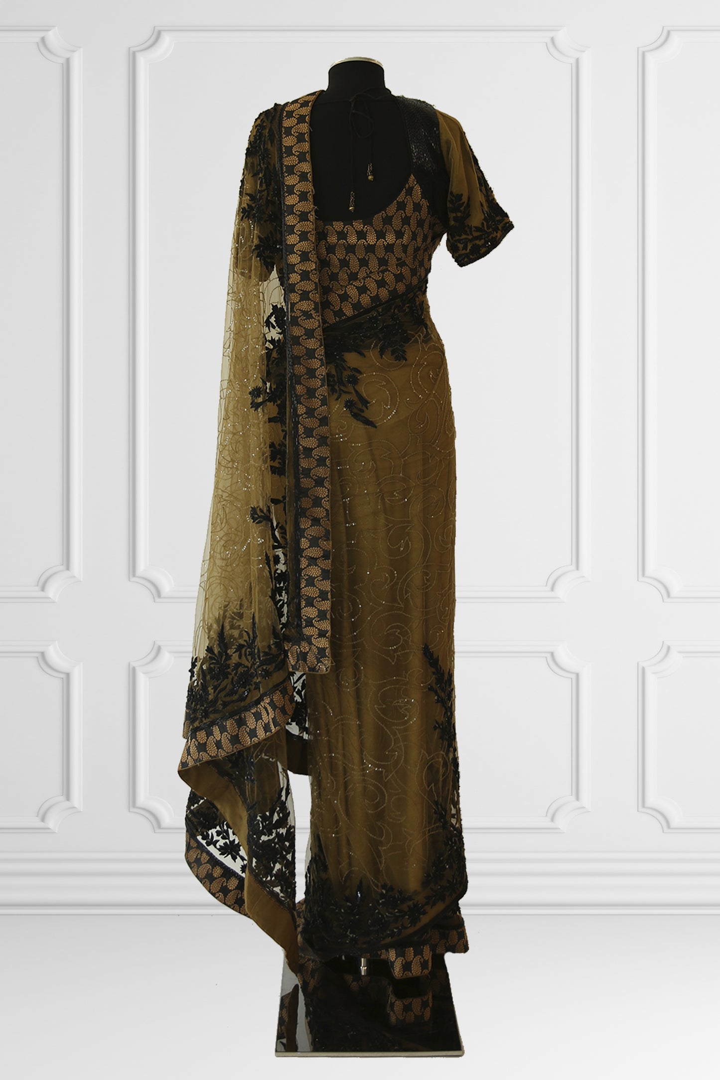 Two Blouse Black & Olive Tule Embroidered Saree Set