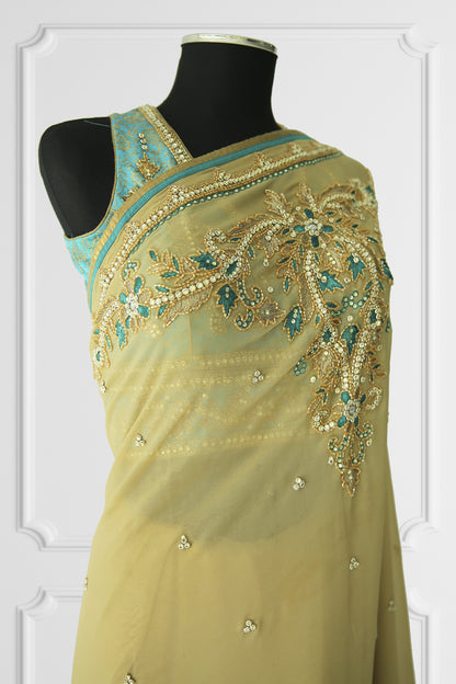 Two Blouse Nude & Turquoise Saree Set