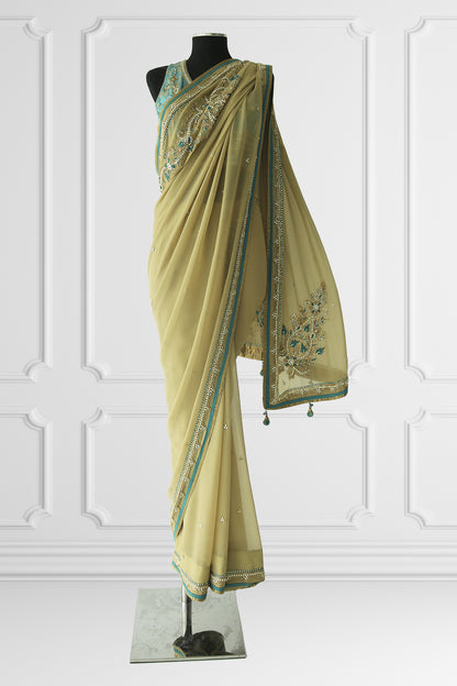 Two Blouse Nude & Turquoise Saree Set