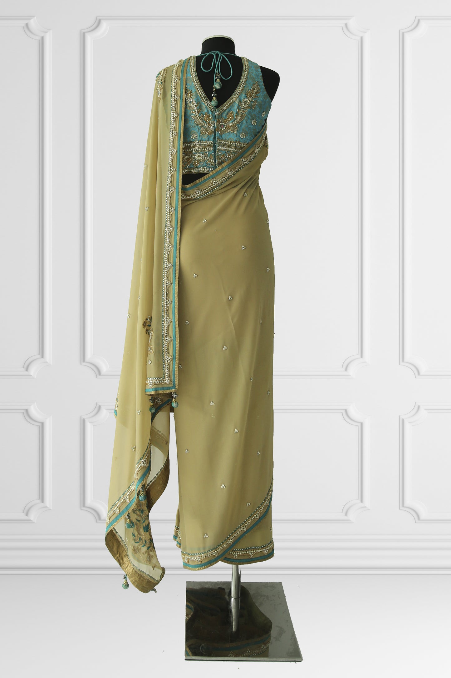 Two Blouse Nude & Turquoise Saree Set