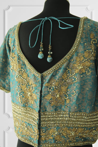 Two Blouse Nude & Turquoise Saree Set