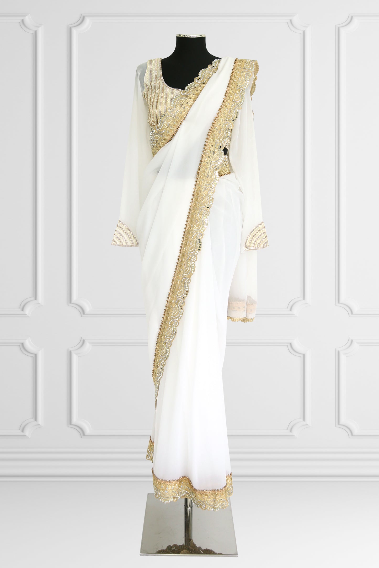 White Saree Set with Pearls and Gold Details