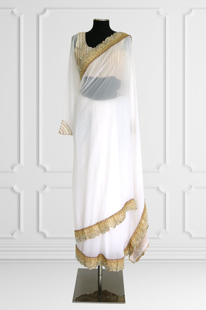 White Saree Set with Pearls and Gold Details