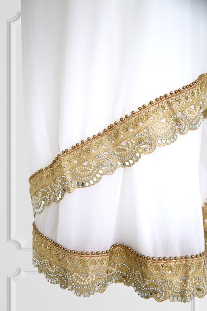 White Saree Set with Pearls and Gold Details