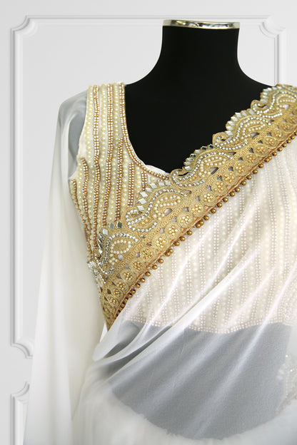 White Saree Set with Pearls and Gold Details