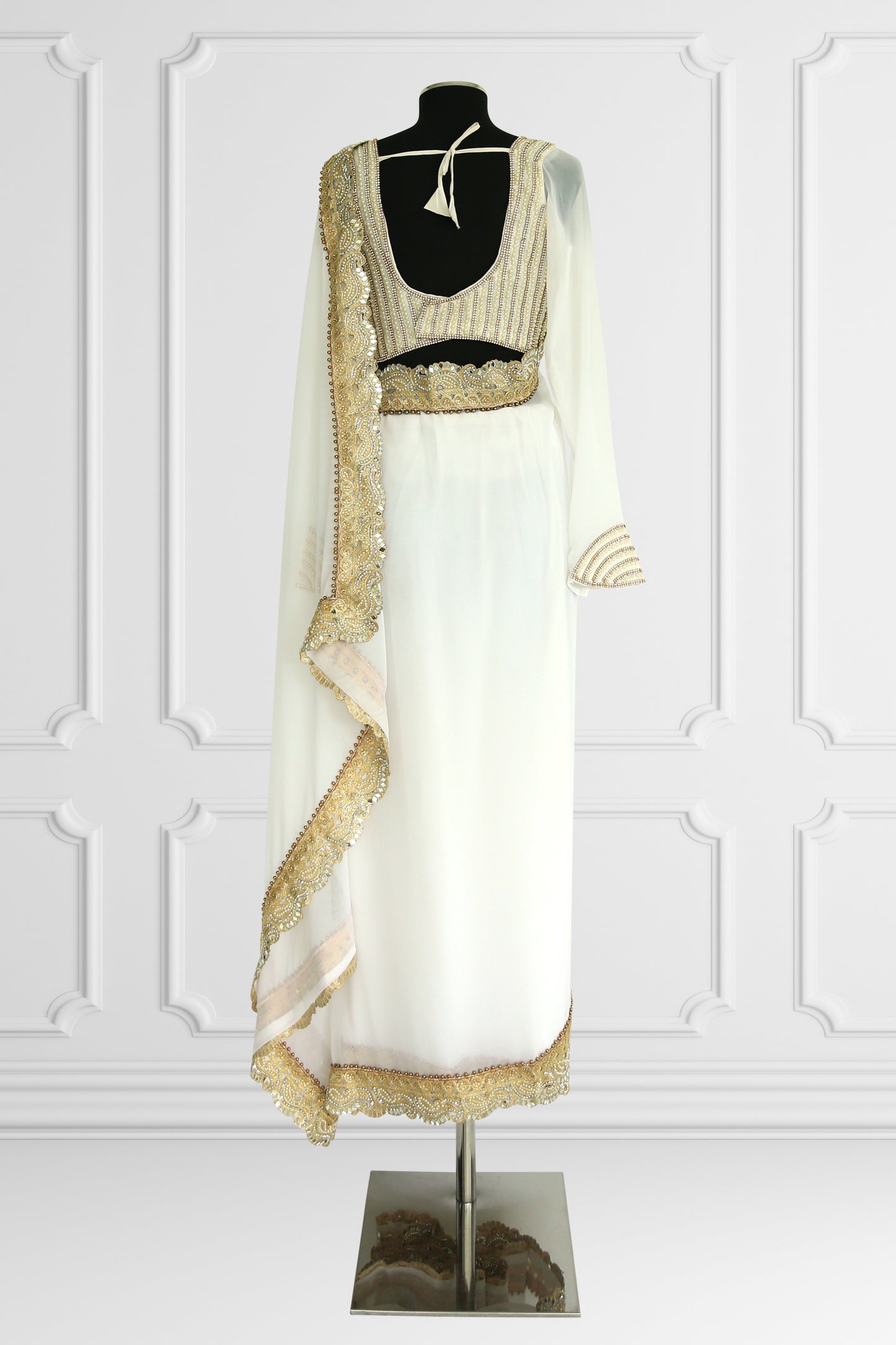 White Saree Set with Pearls and Gold Details