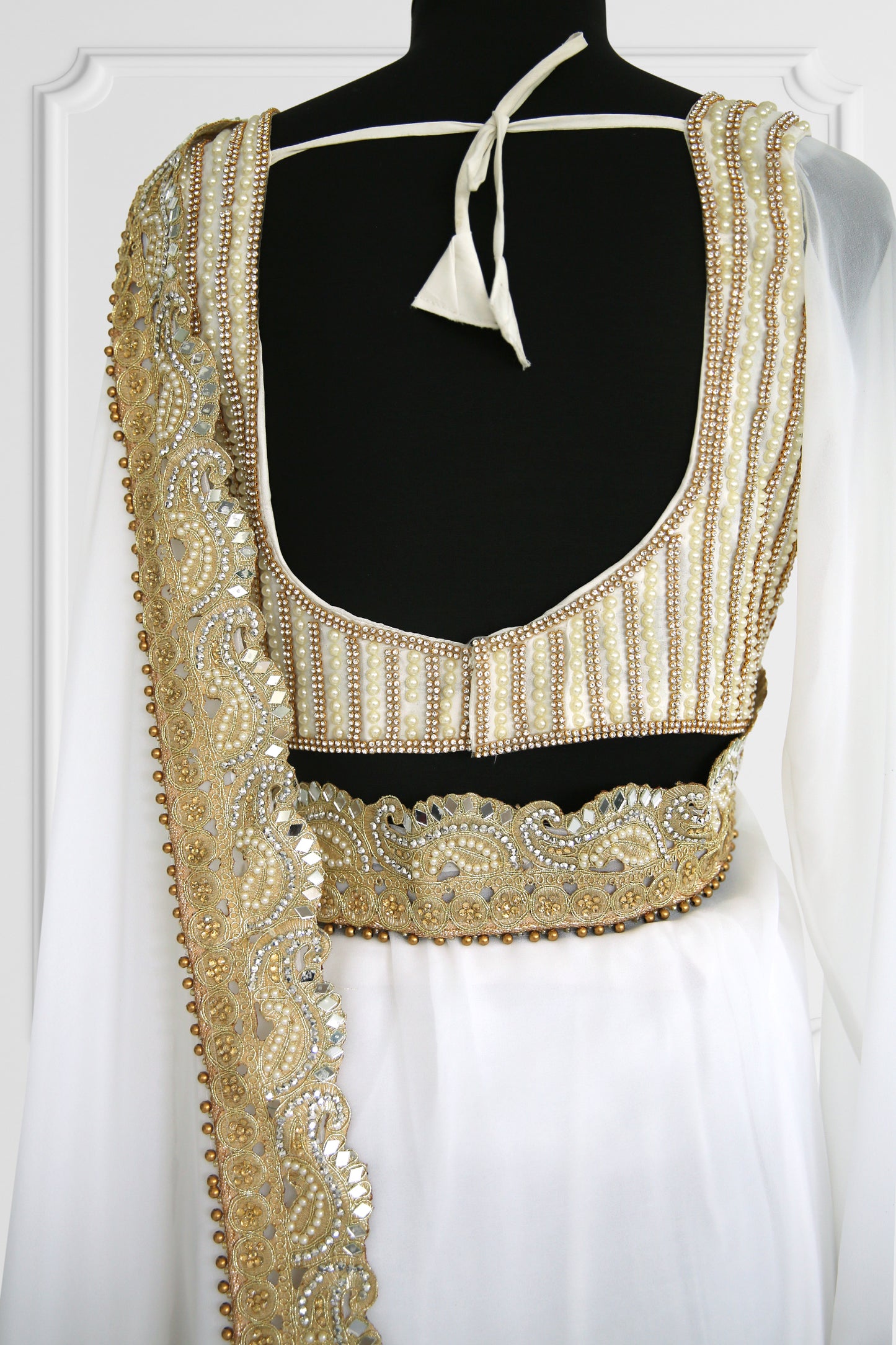 White Saree Set with Pearls and Gold Details