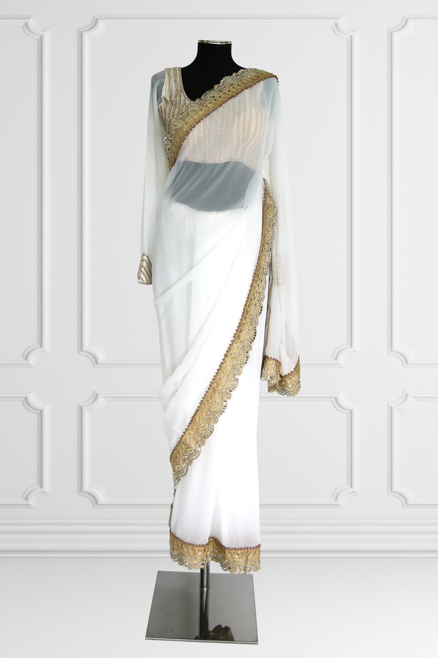 White Saree Set with Pearls and Gold Details