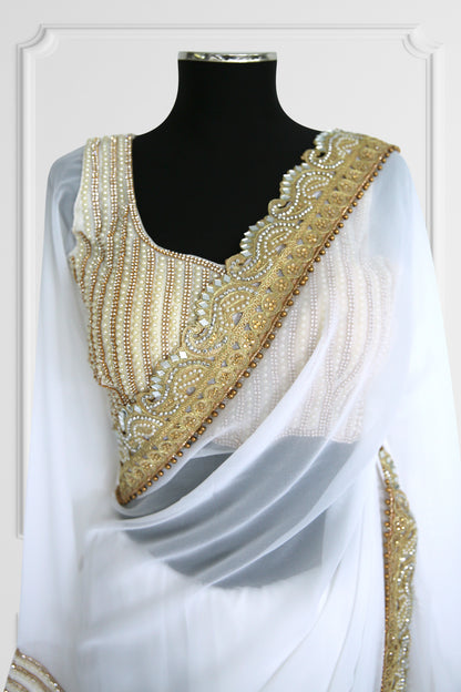 White Saree Set with Pearls and Gold Details