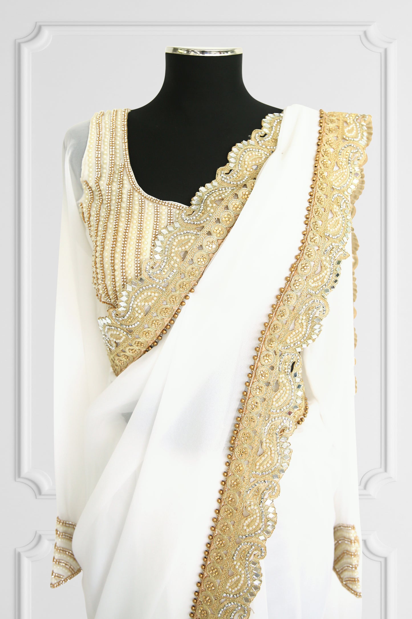 White Saree Set with Pearls and Gold Details