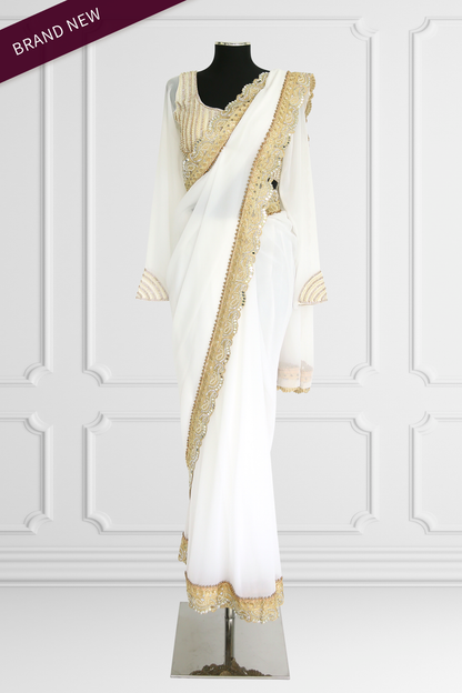 White Saree Set with Pearls and Gold Details