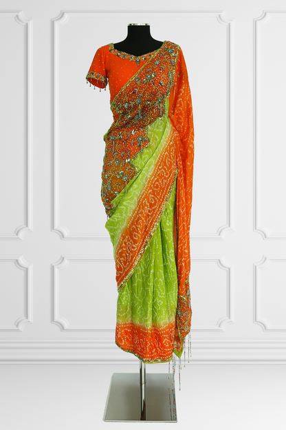 Bicolor Green and Orange Saree Set